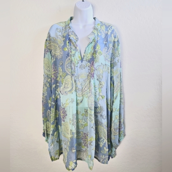 Susan Graver Other - Susan Graver Blue Floral Sheer Blouse Plus Size 3X Tunic Top Long Sleeve